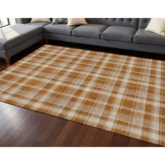 Rust And Ivory Plaid Washable Area Rug With UV Protection Photo 2