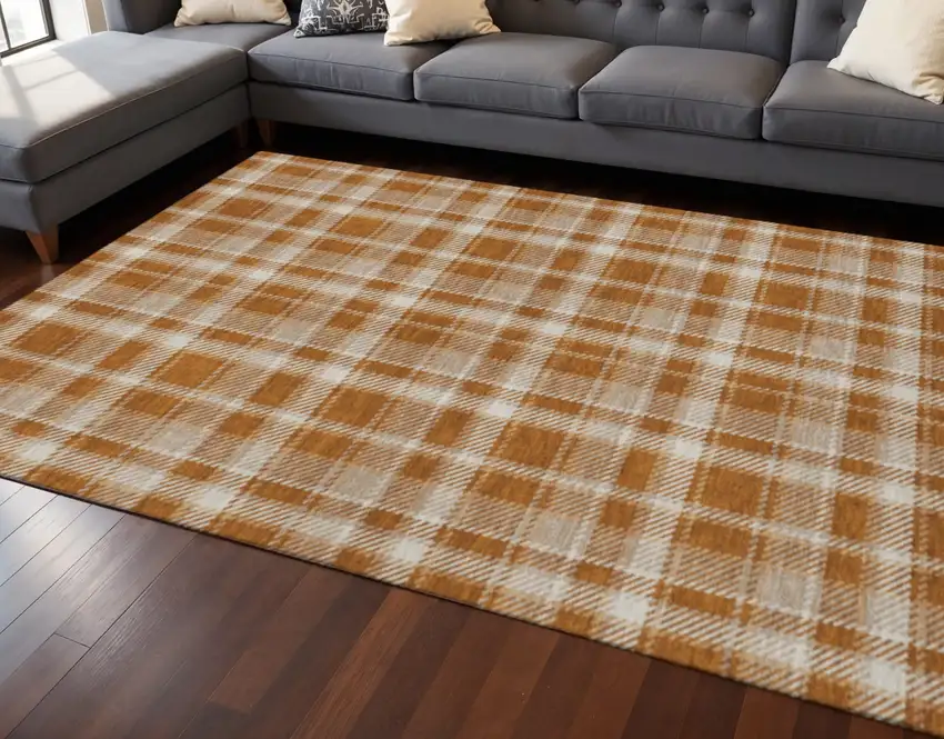 Rust And Ivory Plaid Washable Area Rug With UV Protection Photo 2