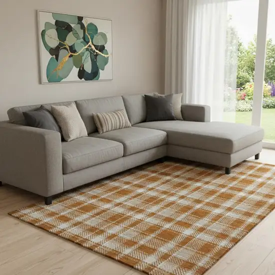 Rust And Ivory Plaid Washable Area Rug With UV Protection Photo 1