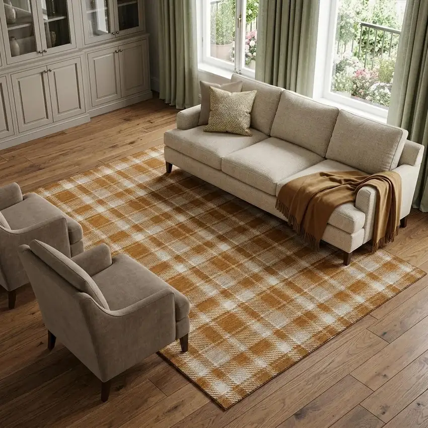 Rust And Ivory Plaid Washable Area Rug With UV Protection Photo 1