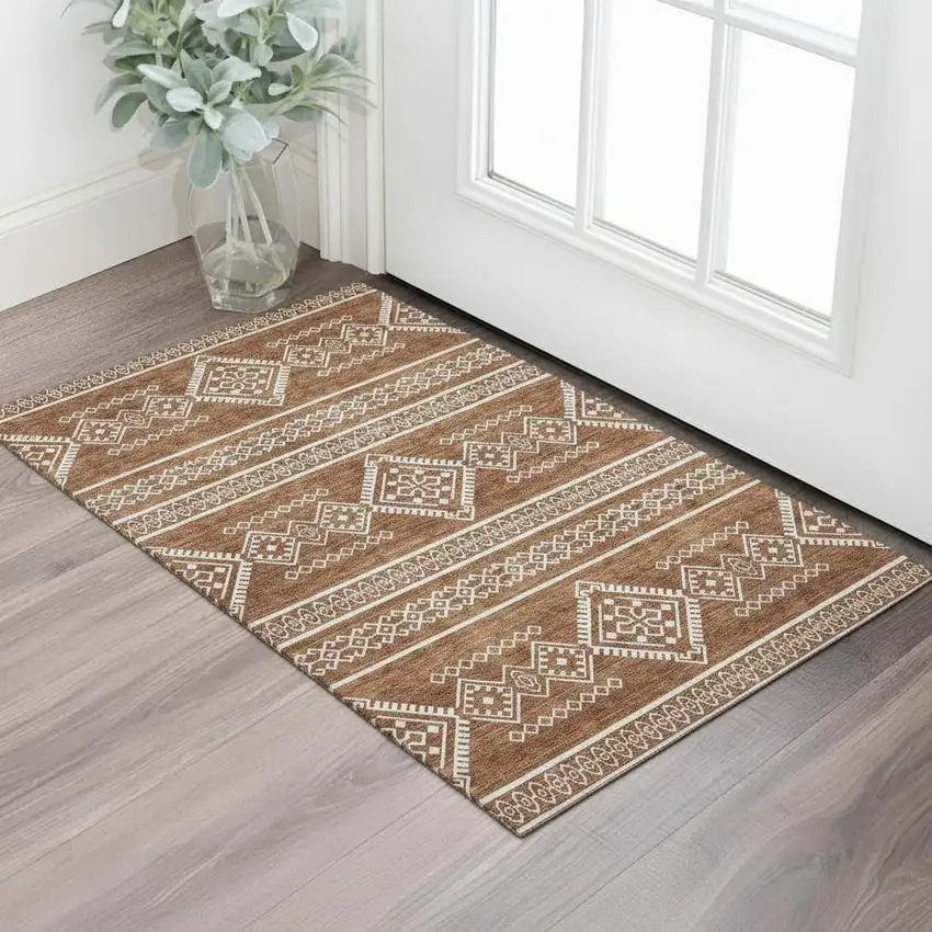 Rust And Ivory Southwestern Washable Area Rug With UV Protection Photo 1
