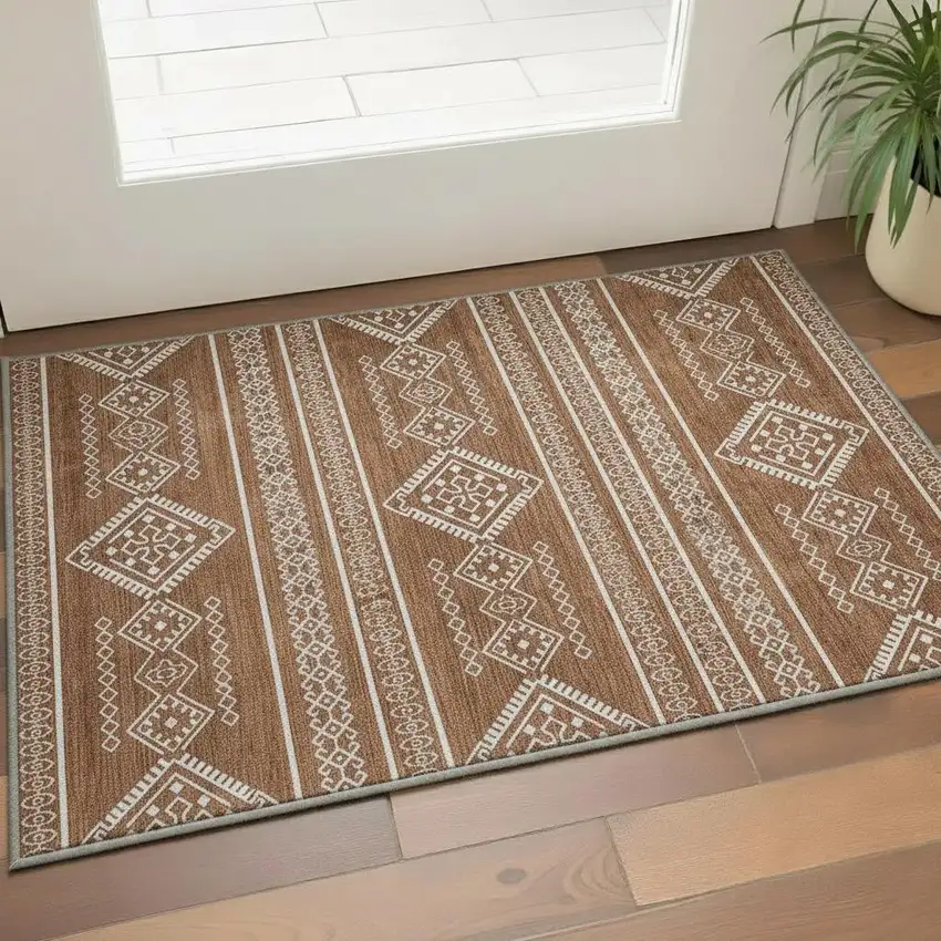Rust And Ivory Southwestern Washable Area Rug With UV Protection Photo 2
