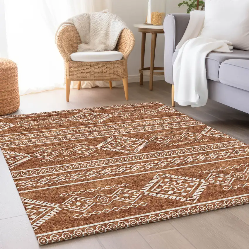 Rust And Ivory Southwestern Washable Area Rug With UV Protection Photo 5