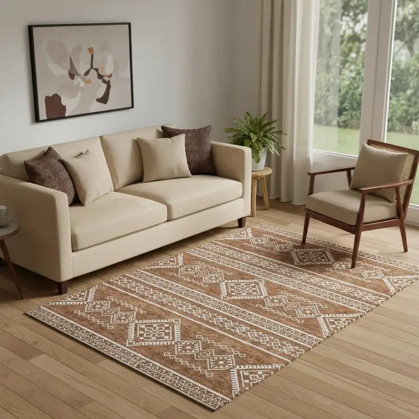 Rust And Ivory Southwestern Washable Area Rug With UV Protection Photo 1