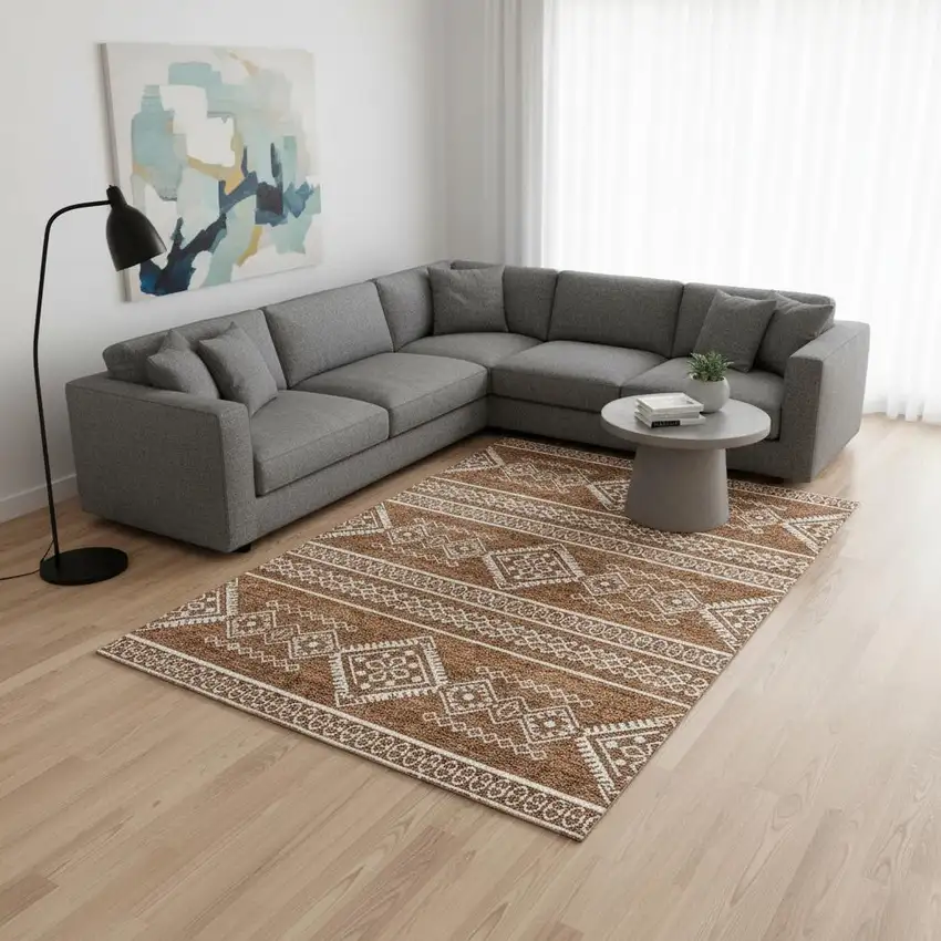 Rust And Ivory Southwestern Washable Area Rug With UV Protection Photo 2