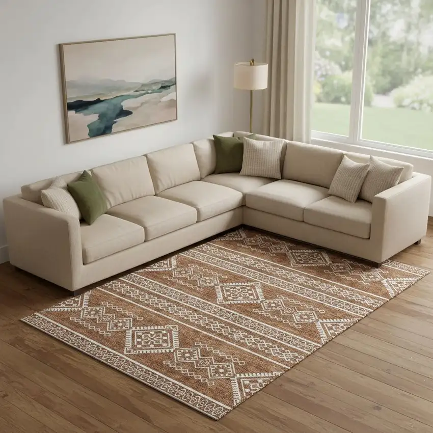 Rust And Ivory Southwestern Washable Area Rug With UV Protection Photo 1