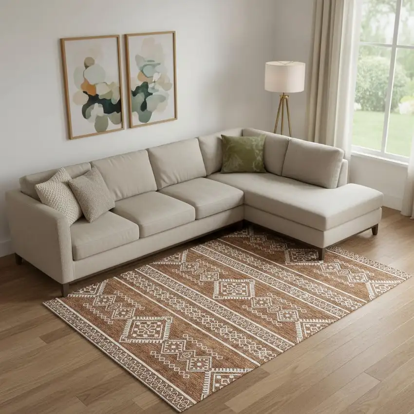 Rust And Ivory Southwestern Washable Area Rug With UV Protection Photo 1