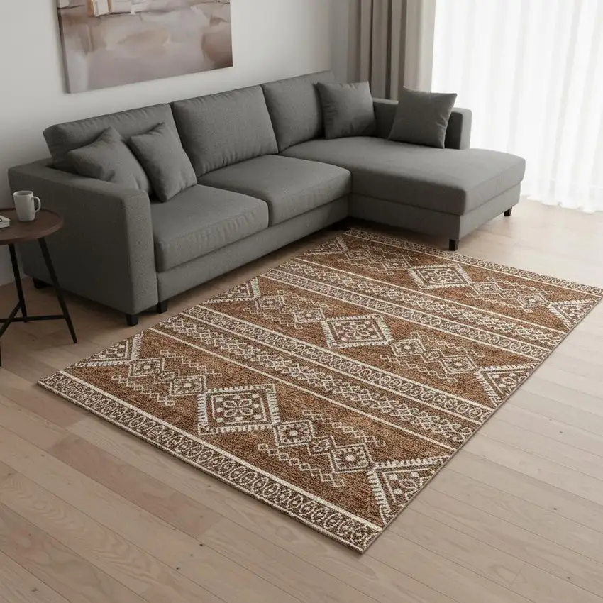 Rust And Ivory Southwestern Washable Area Rug With UV Protection Photo 2