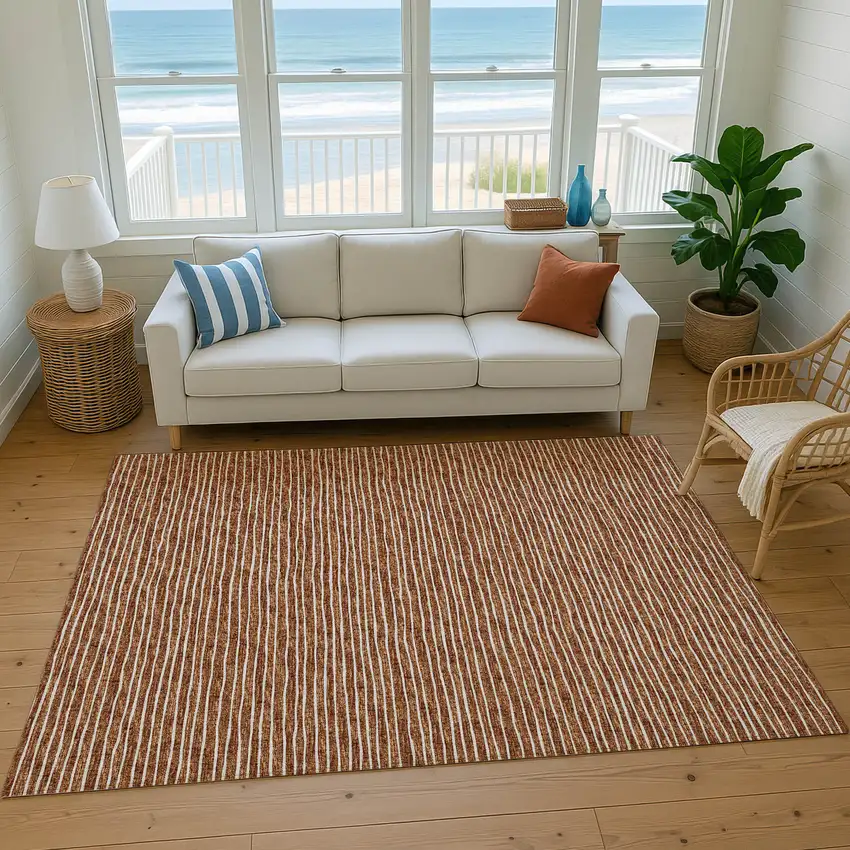 Rust And Ivory Striped Washable Area Rug With UV Protection Photo 6