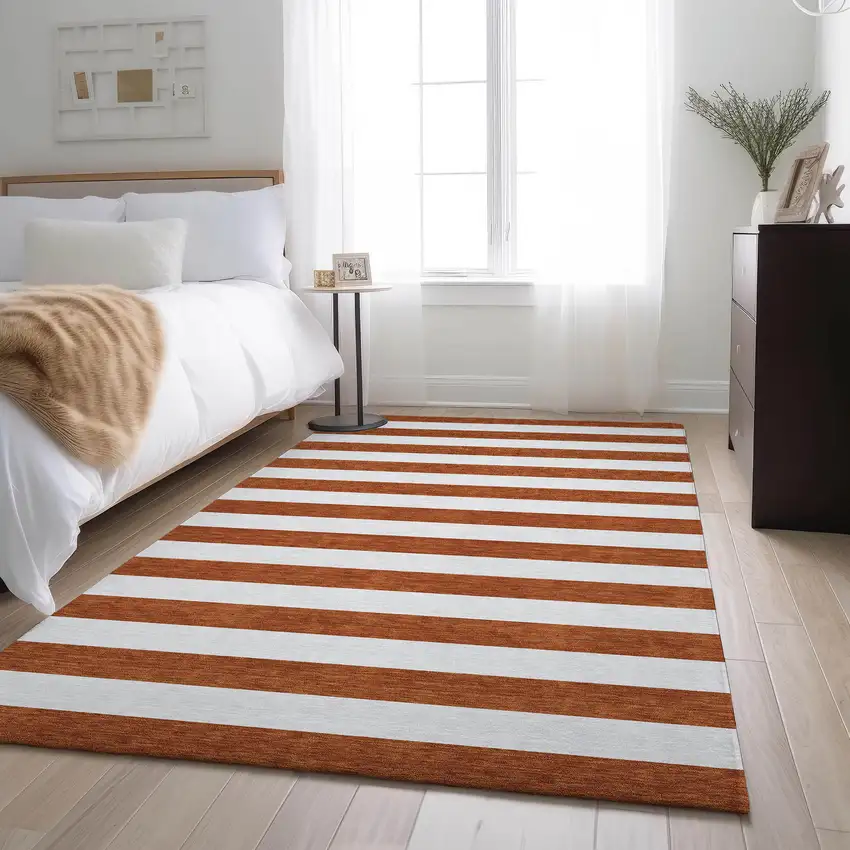 Rust And Ivory Striped Washable Area Rug With UV Protection Photo 5