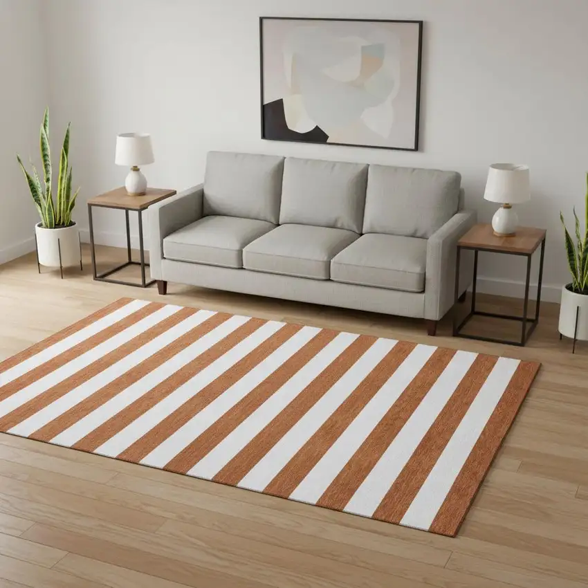 Rust And Ivory Striped Washable Area Rug With UV Protection Photo 2