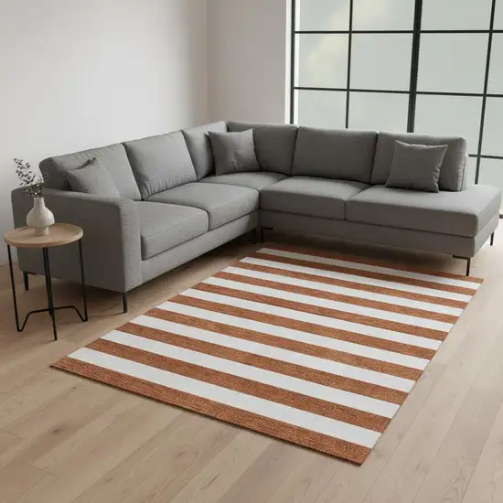 Rust And Ivory Striped Washable Area Rug With UV Protection Photo 2