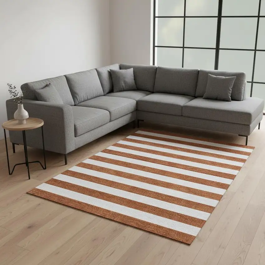 Rust And Ivory Striped Washable Area Rug With UV Protection Photo 2