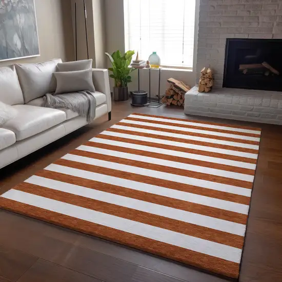 Rust And Ivory Striped Washable Area Rug With UV Protection Photo 6