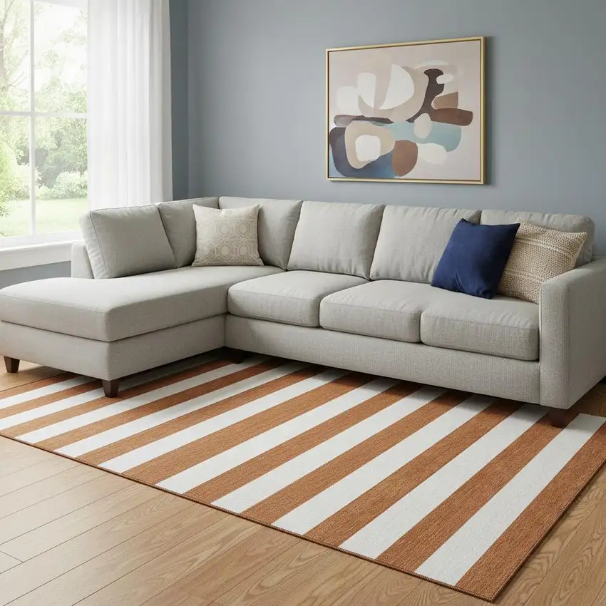 Rust And Ivory Striped Washable Area Rug With UV Protection Photo 1