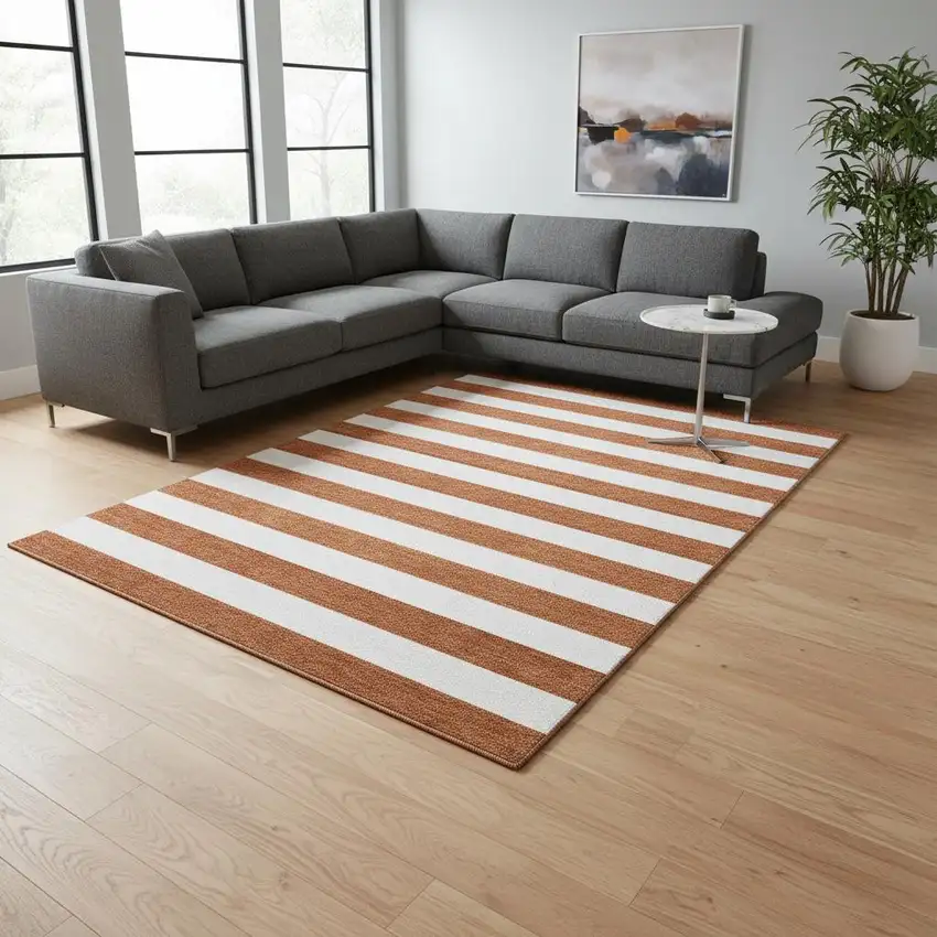 Rust And Ivory Striped Washable Area Rug With UV Protection Photo 2