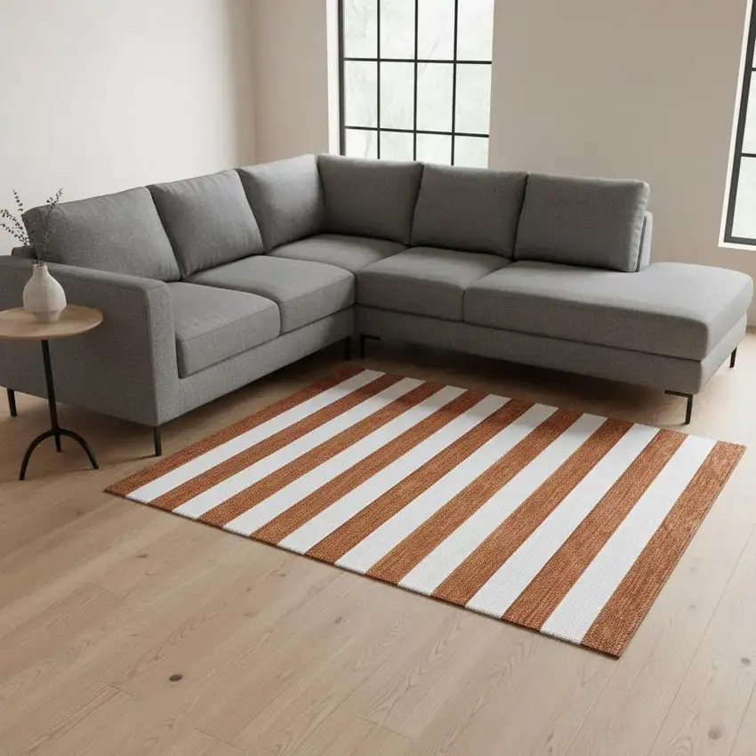 Rust And Ivory Striped Washable Area Rug With UV Protection Photo 2