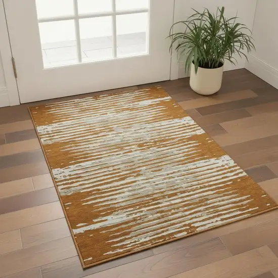 Rust And Ivory Striped Washable Area Rug With UV Protection Photo 2