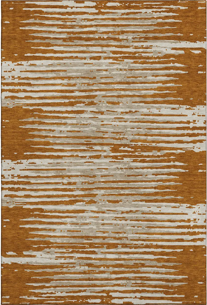 Rust And Ivory Striped Washable Area Rug With UV Protection Photo 1