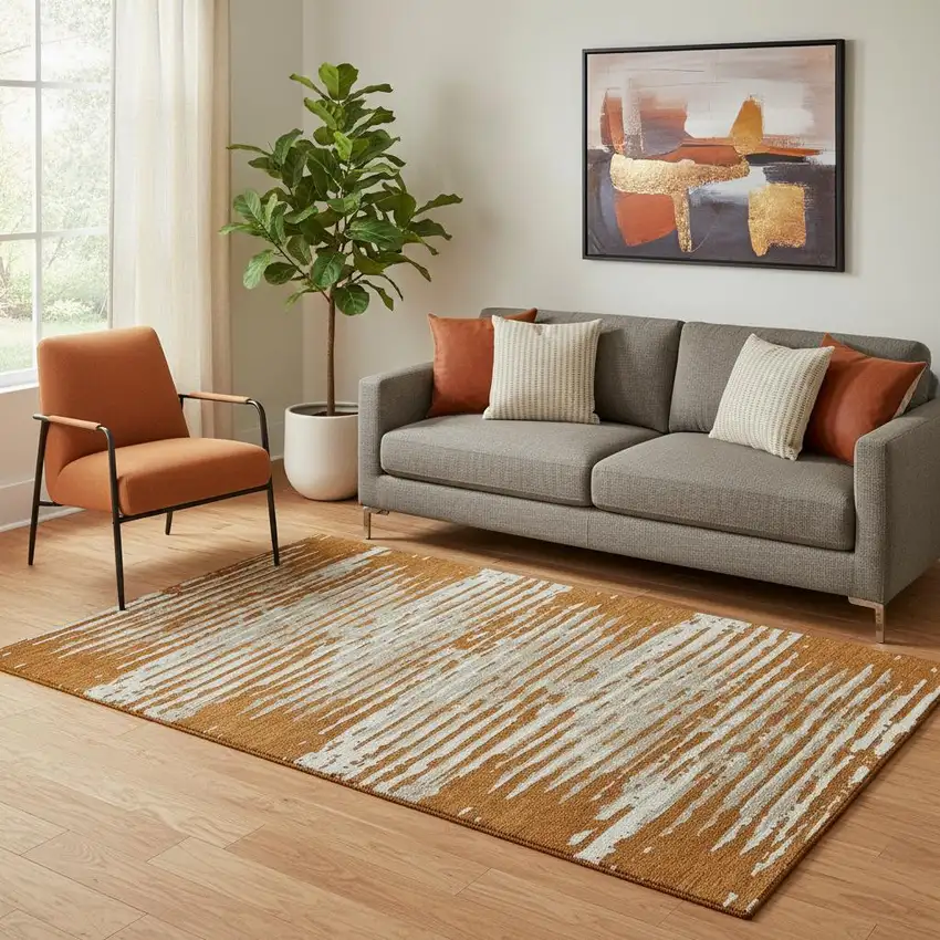 Rust And Ivory Striped Washable Area Rug With UV Protection Photo 1