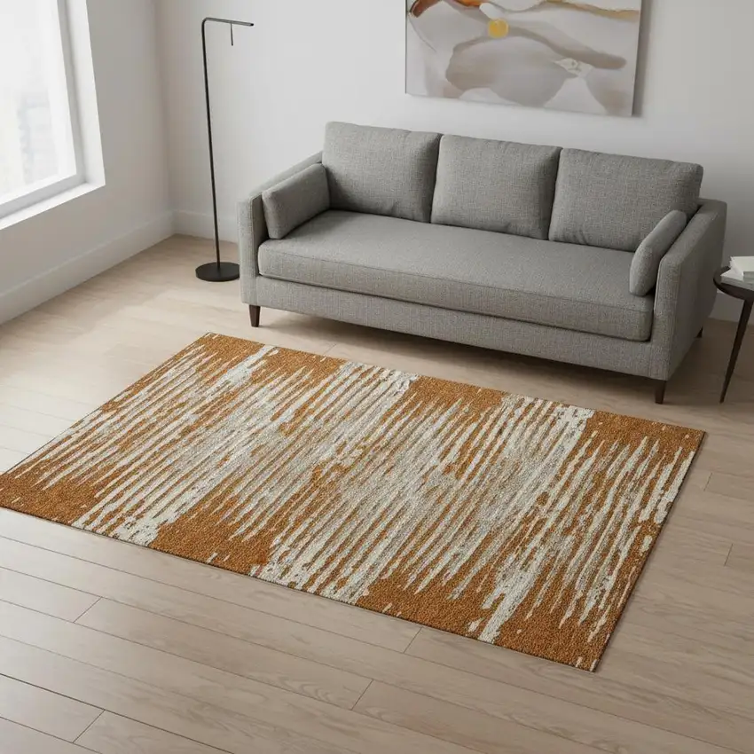 Rust And Ivory Striped Washable Area Rug With UV Protection Photo 2