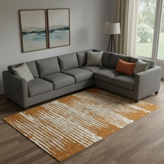 Rust And Ivory Striped Washable Area Rug With UV Protection Photo 1