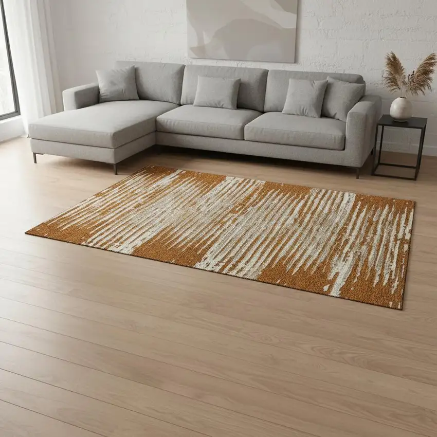 Rust And Ivory Striped Washable Area Rug With UV Protection Photo 2