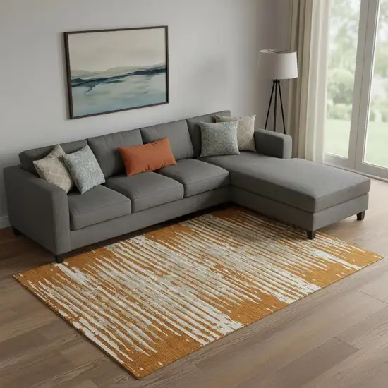 Rust And Ivory Striped Washable Area Rug With UV Protection Photo 1