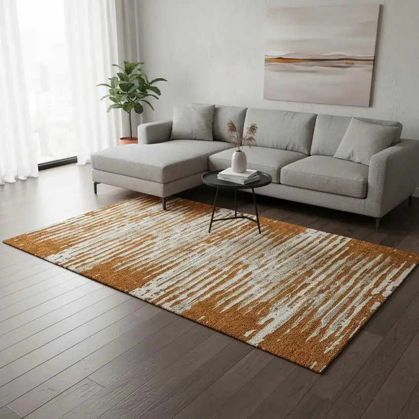 Rust And Ivory Striped Washable Area Rug With UV Protection Photo 2