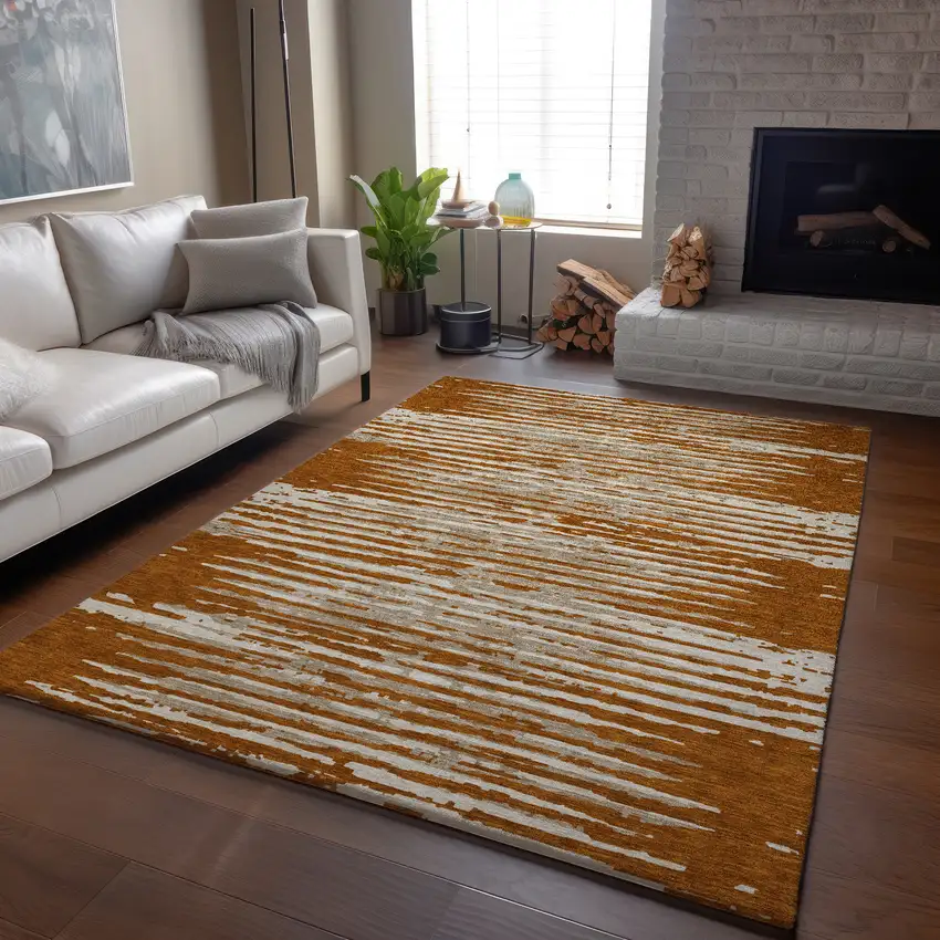 Rust And Ivory Striped Washable Area Rug With UV Protection Photo 6