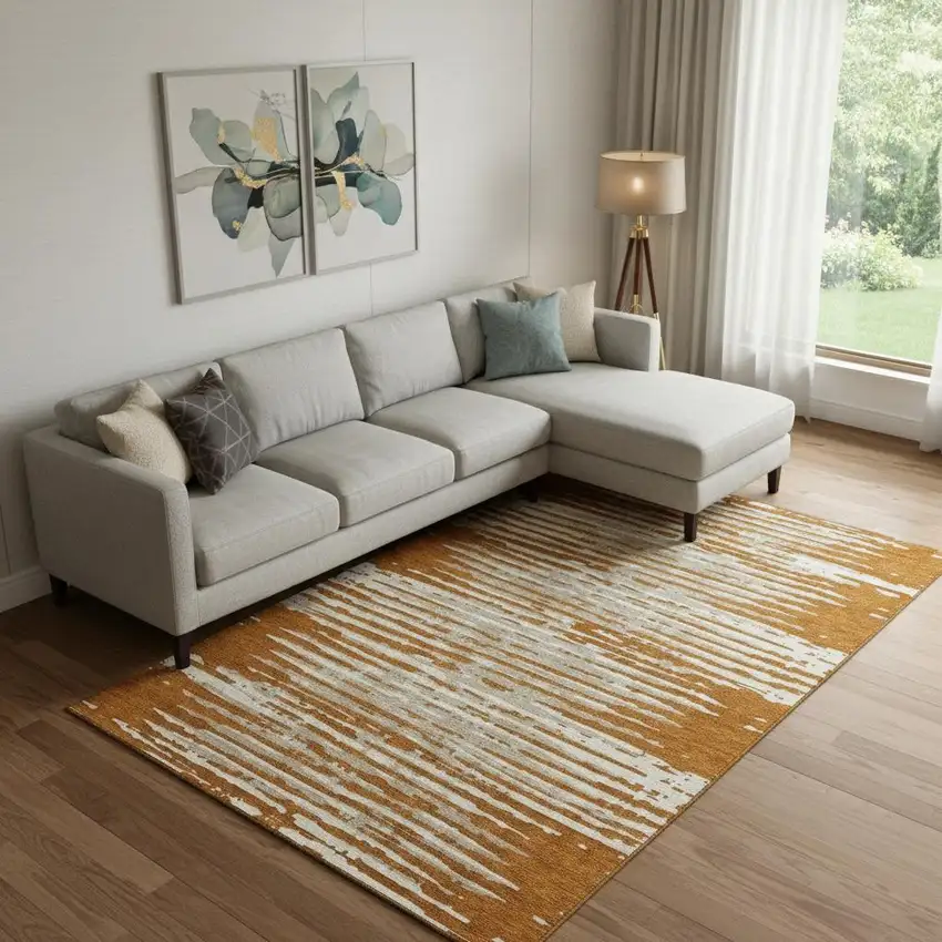 Rust And Ivory Striped Washable Area Rug With UV Protection Photo 1