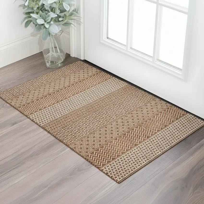 Rust And Ivory Striped Washable Area Rug With UV Protection Photo 1