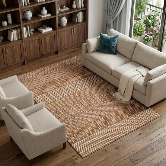 Rust And Ivory Striped Washable Area Rug With UV Protection Photo 1