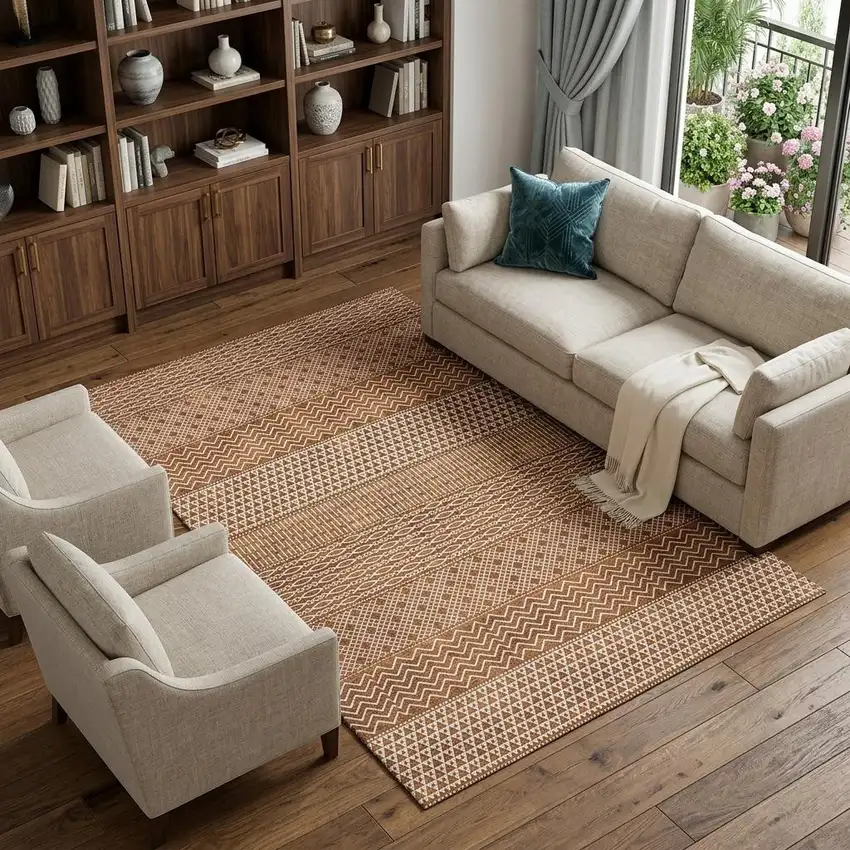 Rust And Ivory Striped Washable Area Rug With UV Protection Photo 1