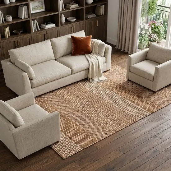 Rust And Ivory Striped Washable Area Rug With UV Protection Photo 1