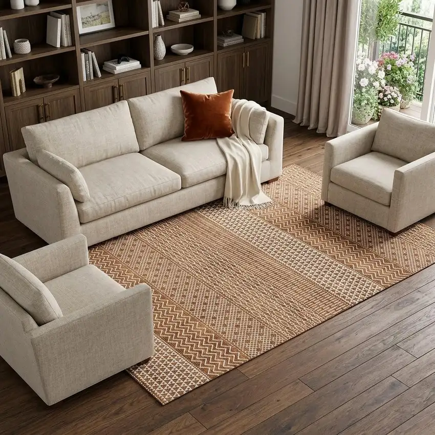 Rust And Ivory Striped Washable Area Rug With UV Protection Photo 1