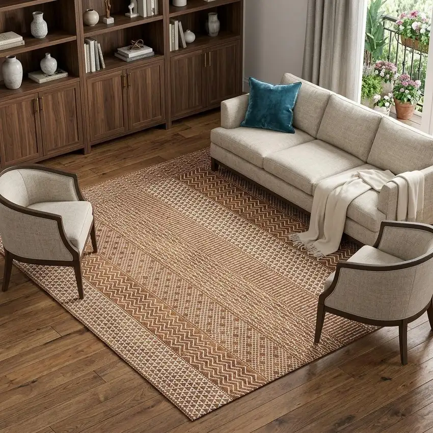 Rust And Ivory Striped Washable Area Rug With UV Protection Photo 1