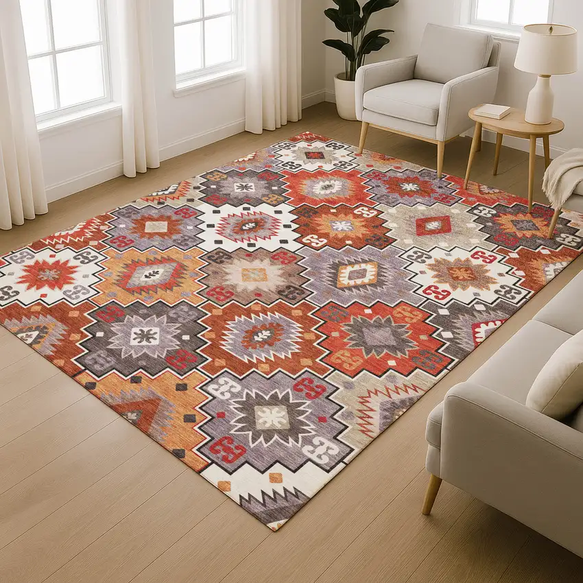 Rust And Lavender Geometric Washable Area Rug With UV Protection Photo 6
