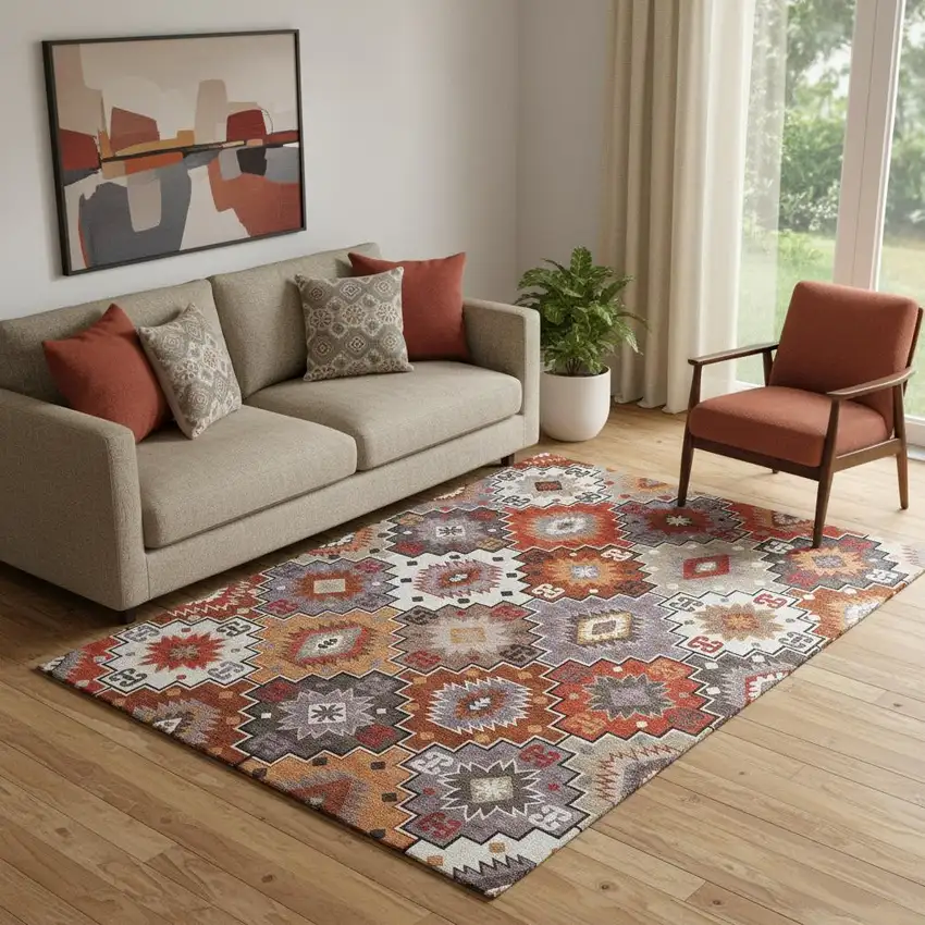 Rust And Lavender Geometric Washable Area Rug With UV Protection Photo 2
