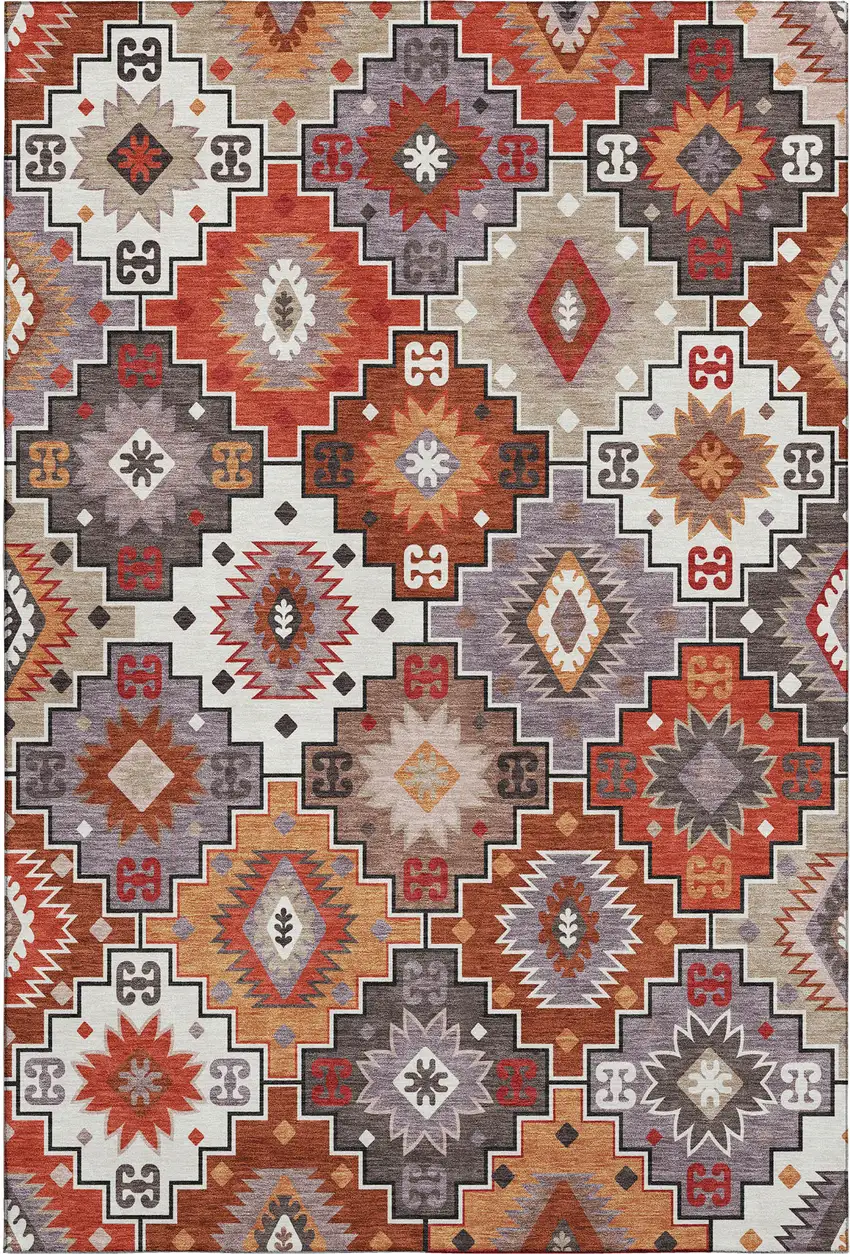 Rust And Lavender Geometric Washable Area Rug With UV Protection Photo 1
