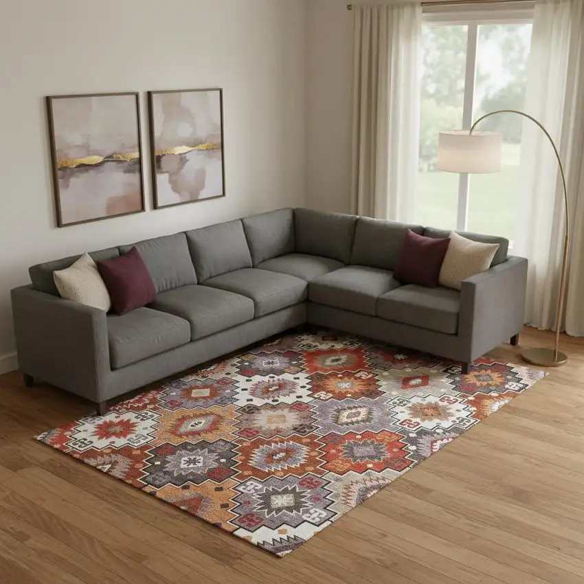 Rust And Lavender Geometric Washable Area Rug With UV Protection Photo 2