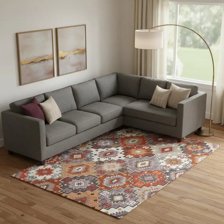 Rust And Lavender Geometric Washable Area Rug With UV Protection Photo 2