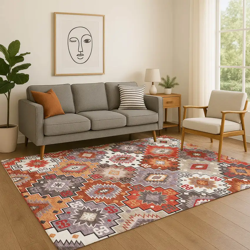 Rust And Lavender Geometric Washable Area Rug With UV Protection Photo 4