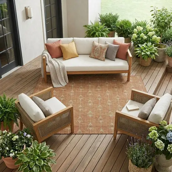 Rust And Linen Geometric Washable Indoor Outdoor Area Rug Photo 1