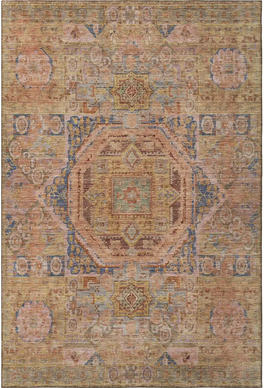 Rust And Navy Blue Oriental Washable Area Rug With UV Protection Photo 3