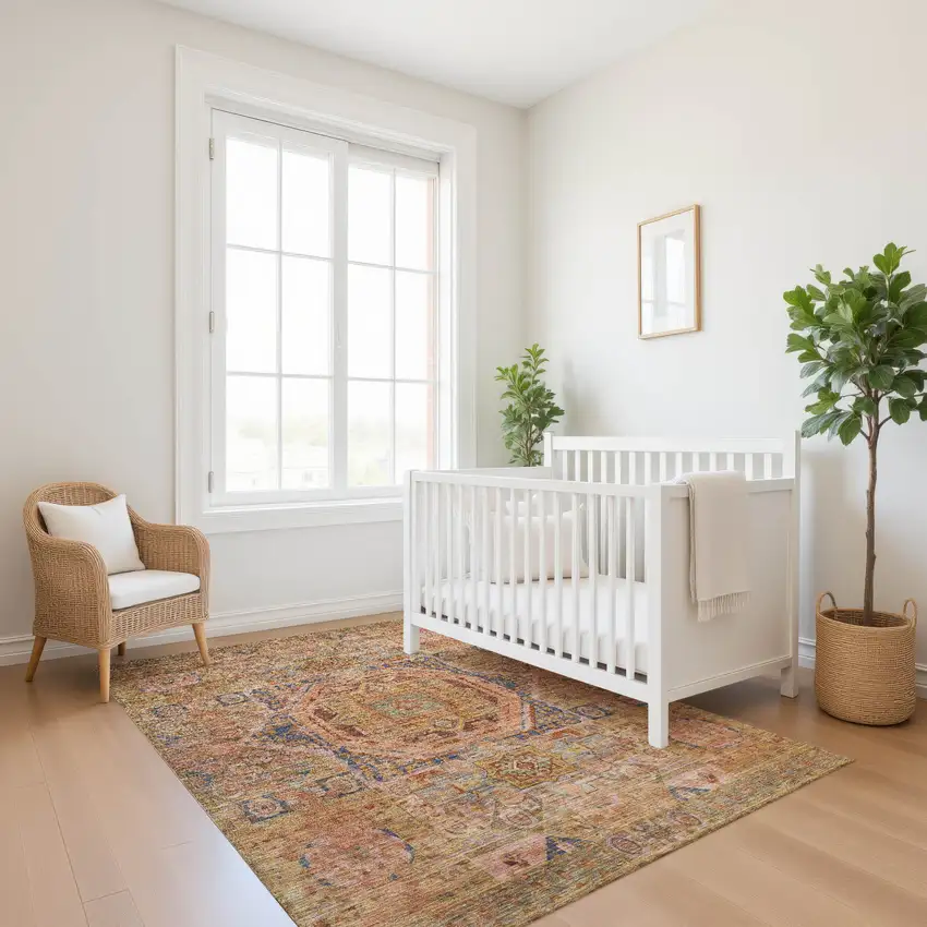 Rust And Navy Blue Oriental Washable Area Rug With UV Protection Photo 6