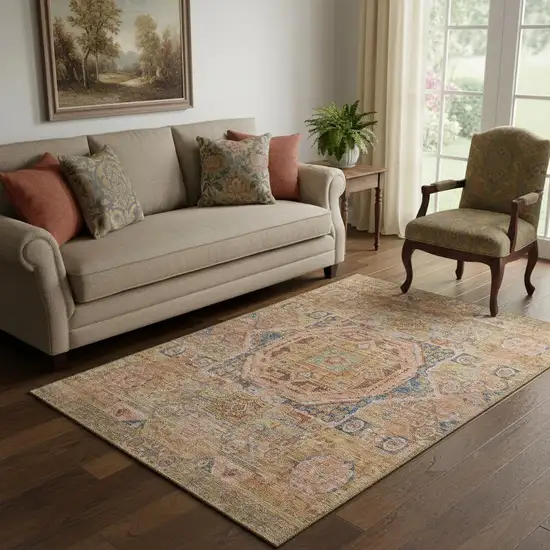 Rust And Navy Blue Oriental Washable Area Rug With UV Protection Photo 2