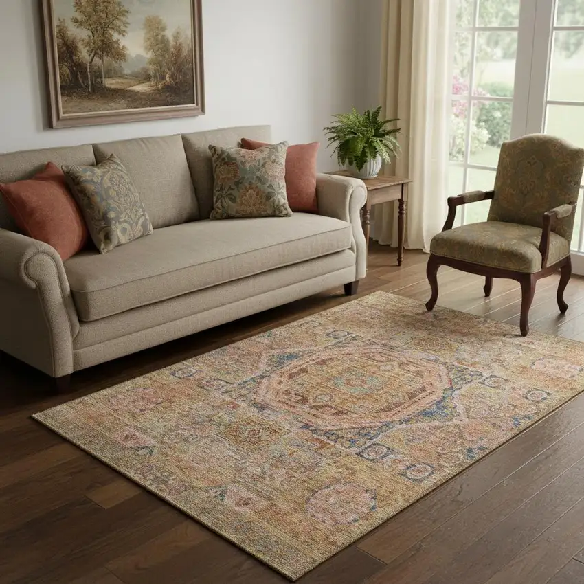 Rust And Navy Blue Oriental Washable Area Rug With UV Protection Photo 2