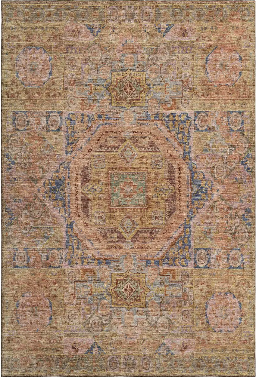 Rust And Navy Blue Oriental Washable Area Rug With UV Protection Photo 1