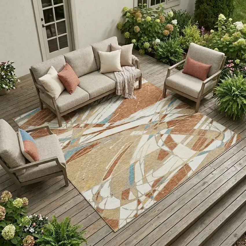 Rust And Orange Abstract Washable Indoor Outdoor Area Rug Photo 1